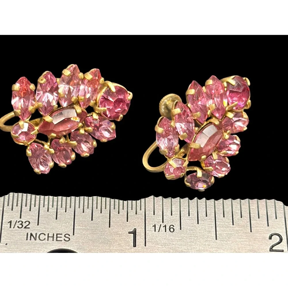 Vintage 1940s Pink Rhinestone Cluster Earrings Czechoslovakia Screwback GoldTone